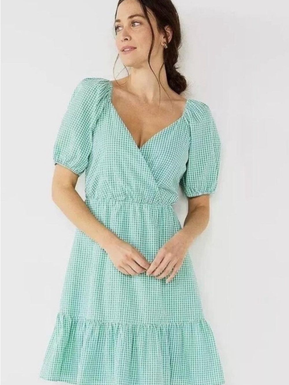 Draper James Green Gingham Wrap Dress Puff Sleeve Mini Size Large cottagecore